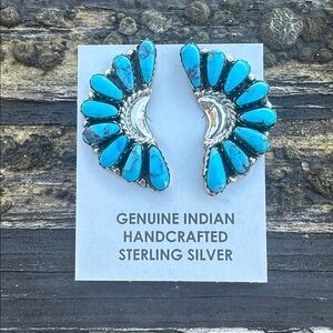 Navajo Justina Wilson Turquoise Crescent Half Cluster Sterling Silver Earrings